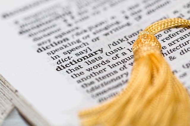 An open dictionary with white pages and black text. The entry shown is for dictionary. A yellow tasseled bookmark marks the page. Image by Steve Buissinne from Pixabay.