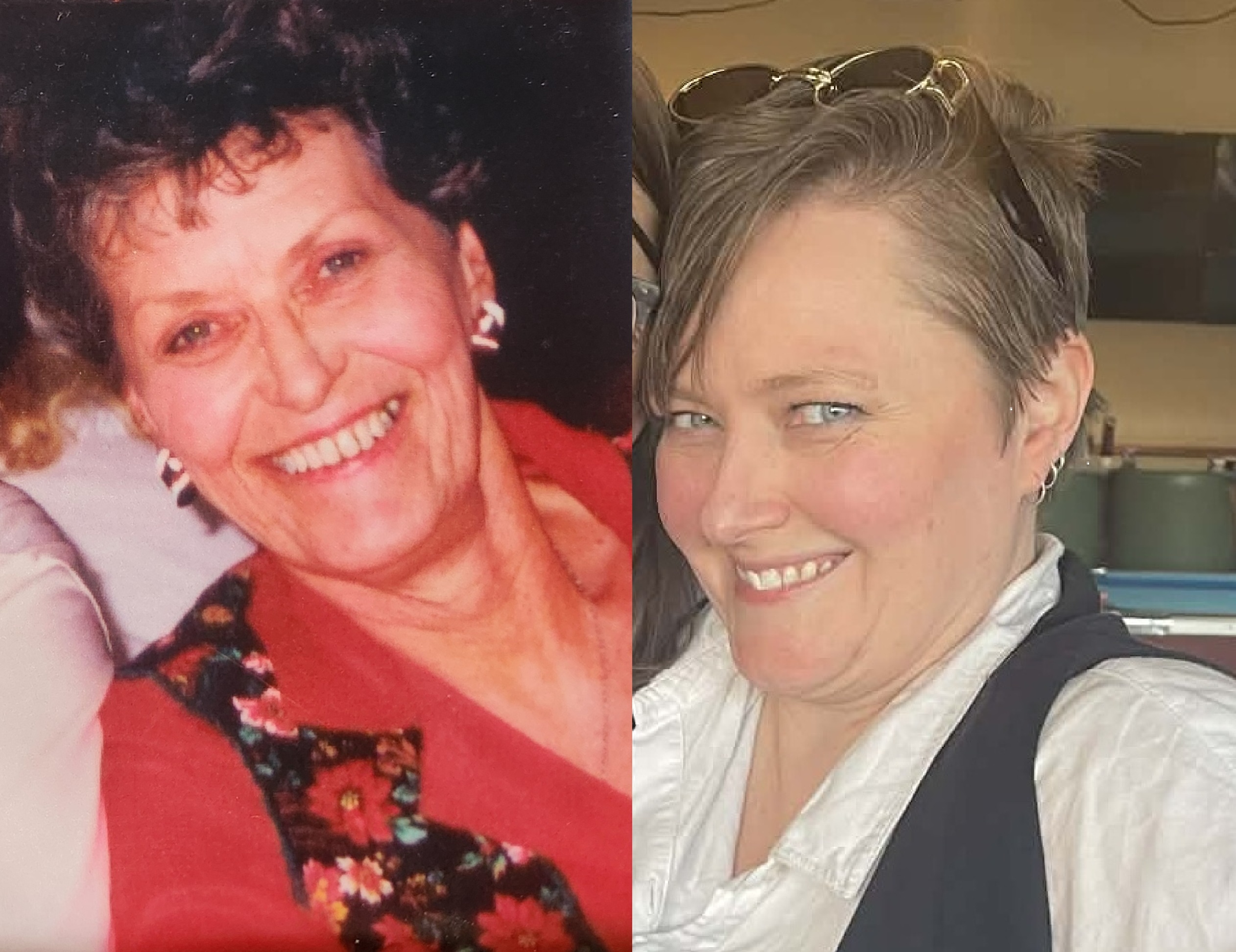Split picture showing Grandma Bert, a white woman in her fifties with short, wavy hair and a big smile. She's wearing Santa Clause earrings, a red blouse, and a flower print vest and Kiki, a white woman in her forties with short brown and silver hair and a big smile. She's wearing a white shirt, a black vest, and she's got sunglasses on the top of her head.